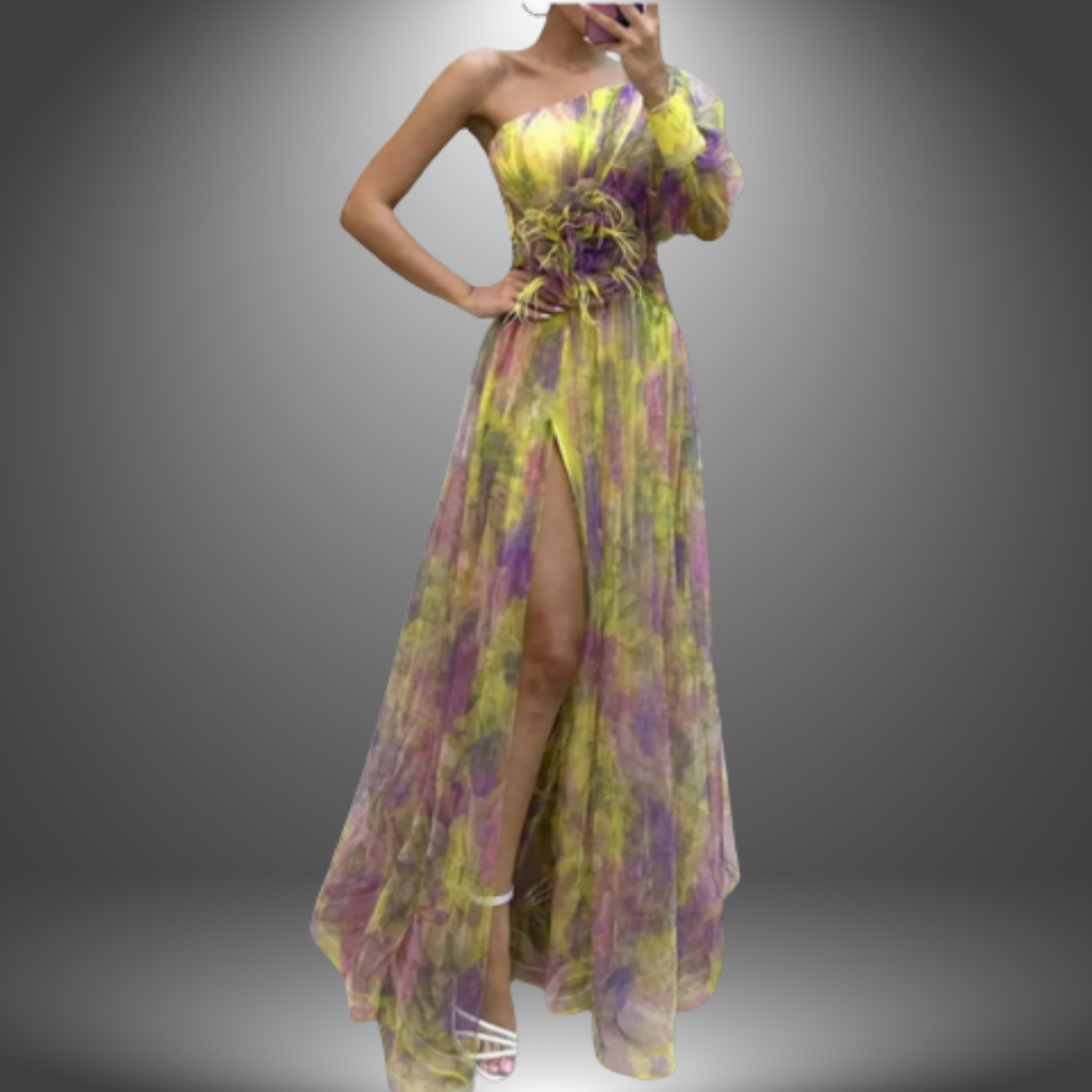 Indigo – Elegant One-Shoulder Tie-Dye Party Dress