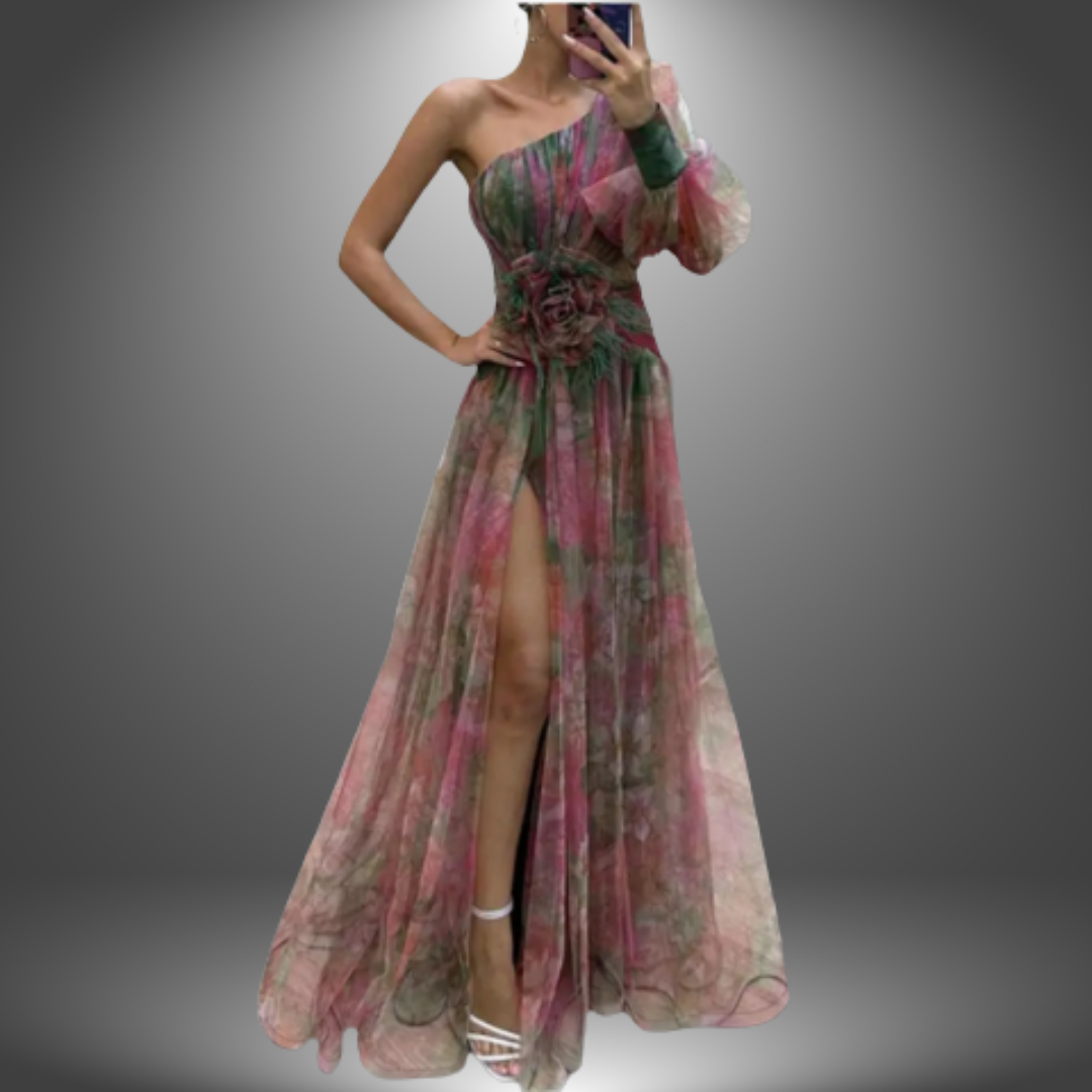 Indigo – Elegant One-Shoulder Tie-Dye Party Dress