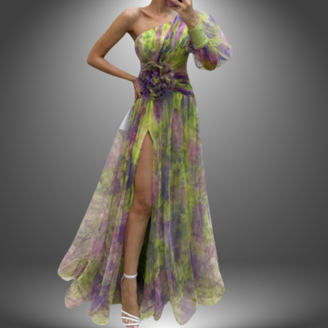 Indigo – Elegant One-Shoulder Tie-Dye Party Dress