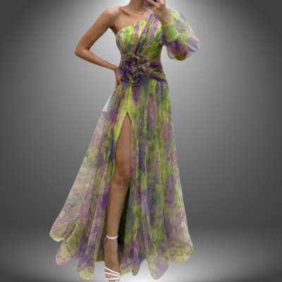 Indigo – Elegant One-Shoulder Tie-Dye Party Dress